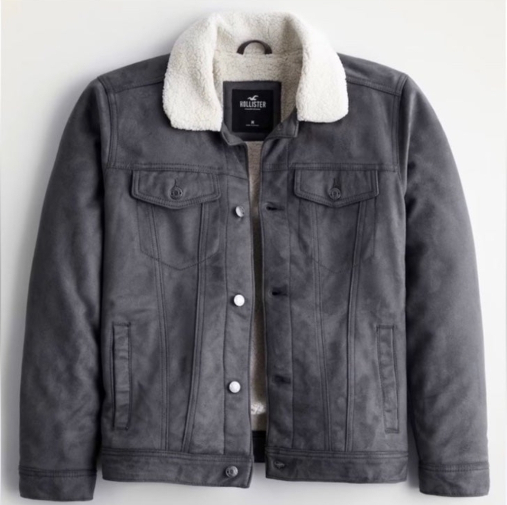 Men’s Hollister jacket faux Suede Sherpa shearling xll Sherpa Trucker Gray
